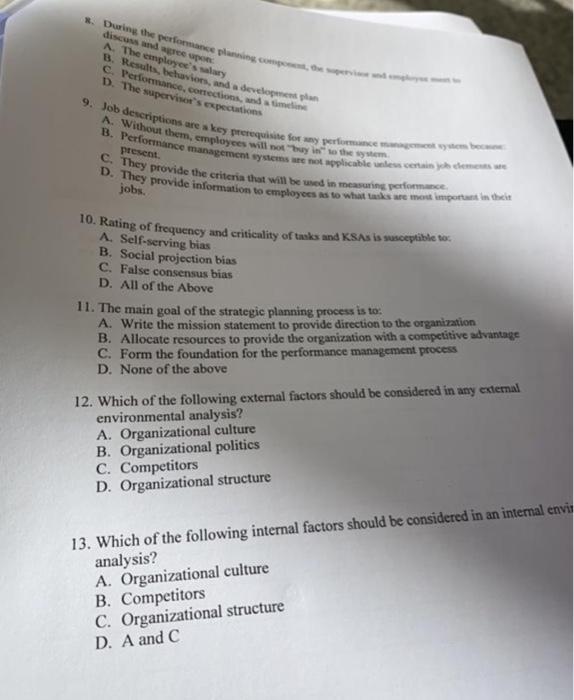 8 During The Performance Planning Component De Supervi Discuss And Agree Upon A The Employee S Salary B Results Beh 1