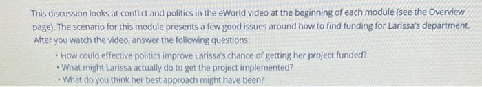This Discussion Looks At Conflict And Politics In The Eworld Video At The Beginning Of Each Module See The Overview Pag 1