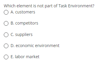 Which Element Is Not Part Of Task Environment O A Customers O B Competitors O C Suppliers D Economic Environment O 1