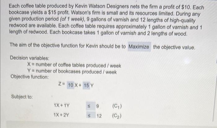 Each Coffee Table Produced By Kevin Watson Designers Nets The Firm A Profit Of 10 Each Bookcase Yields A 15 Profit W 1