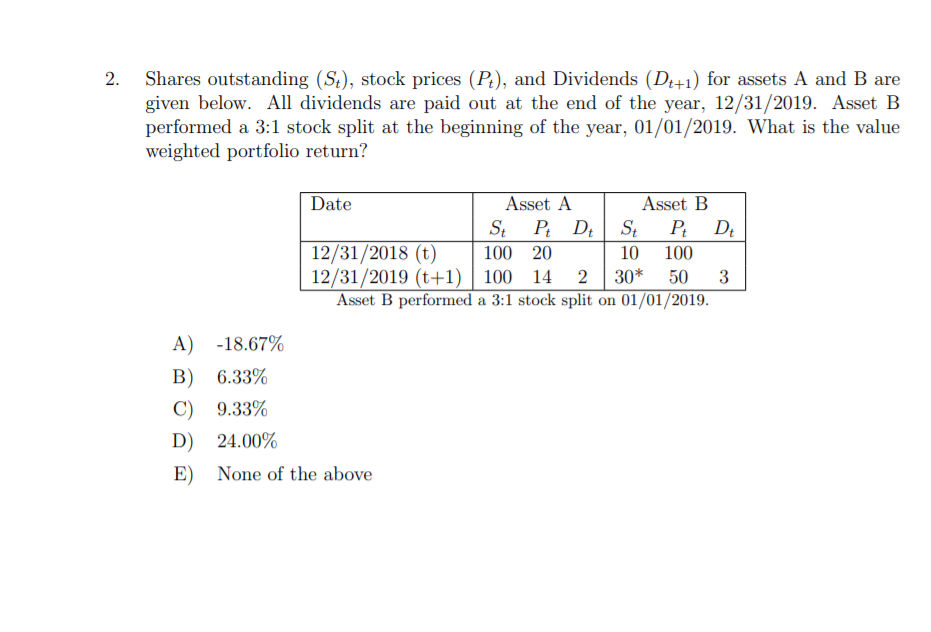 Shares Outstanding St Stock Prices Pt And Dividends D 1 For Assets A And B Are Given Below All Dividends Are P 1