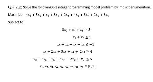 Q3 25p Solve The Following 0 1 Integer Programming Model Problem By Implicit Enumeration Maximize 4x 5x2 X3 3 1