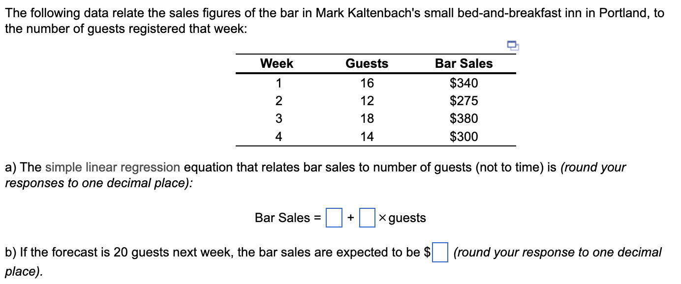 The Following Data Relate The Sales Figures Of The Bar In Mark Kaltenbach S Small Bed And Breakfast Inn In Portland To 1