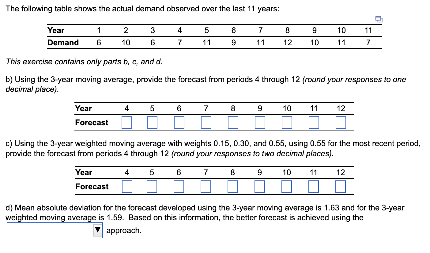 The Following Table Shows The Actual Demand Observed Over The Last 11 Years 1 2 3 4 5 6 7 8 9 10 11 Year Demand 6 10 6 1