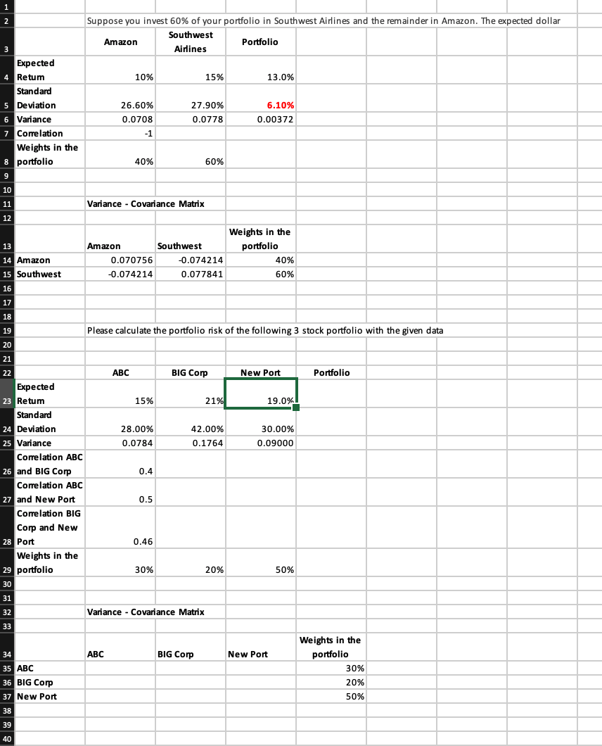 1 1 2 2 Suppose You Invest 60 Of Your Portfolio In Southwest Airlines And The Remainder In Amazon The Expected Dollar 1