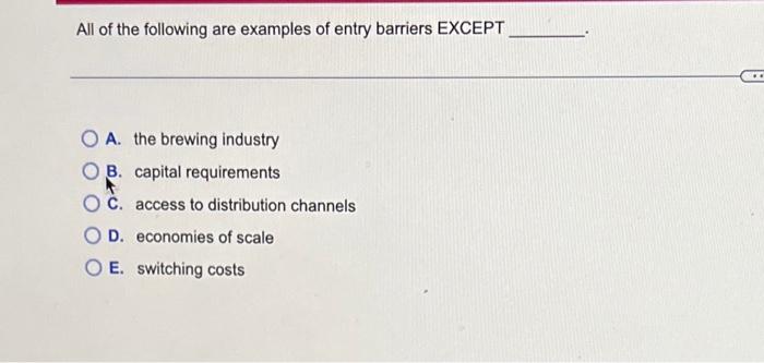All Of The Following Are Examples Of Entry Barriers Except Oa The Brewing Industry B Capital Requirements Oc Access T 1