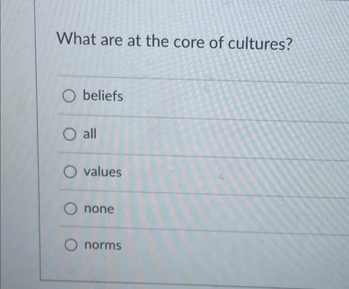 What Are At The Core Of Cultures O Beliefs O All O Values None O Norms Jim S Role As Entails His Creating A Presentati 1