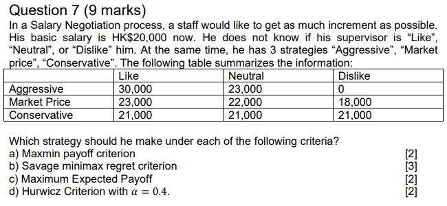 Question 7 9 Marks In A Salary Negotiation Process A Staff Would Like To Get As Much Increment As Possible His Basic 1