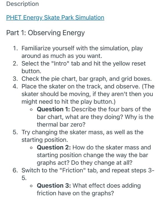 Description Phet Energy Skate Park Simulation Part 1 Observing Energy 1 Familiarize Yourself With The Simulation Play 1