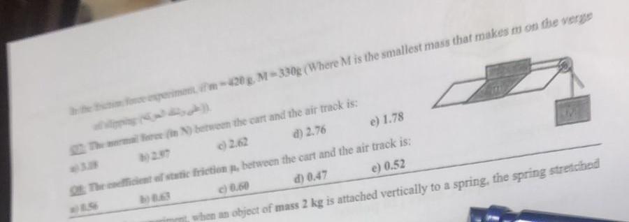 The Force Experiment Im 420g M 330g Where M Is The Smallest Mass That Makes M On The Verge The Wormal Force In N Betw 1