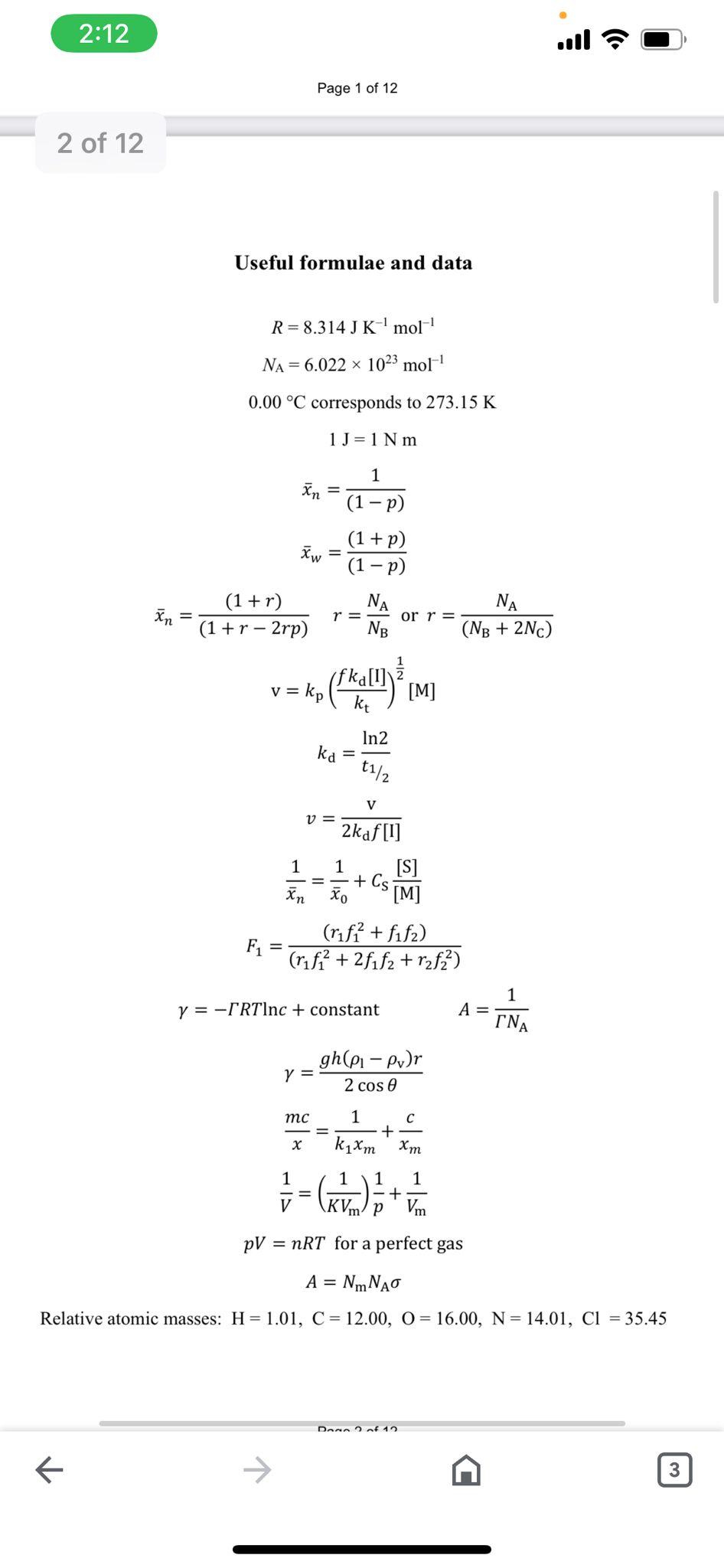 2 12 2 Of 12 Xn Page 1 Of 12 Useful Formulae And Data R 8 314 J K Mol Na 6 022 1023 Mol 0 00 C Corresponds To 2 1