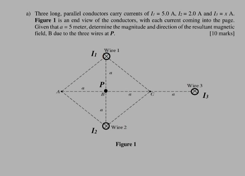 A Three Long Parallel Conductors Carry Currents Of I 5 0 A I2 2 0 A And I3 X A Figure 1 Is An End View Of The 1
