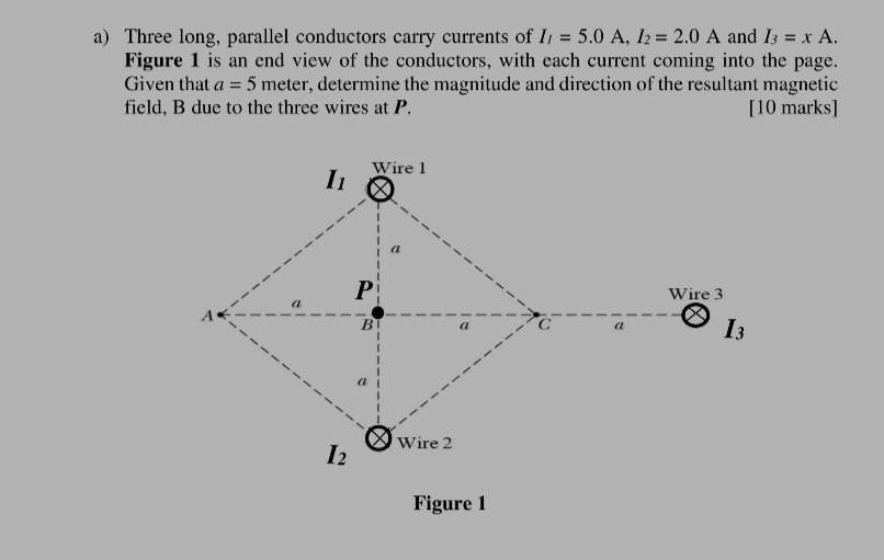 A Three Long Parallel Conductors Carry Currents Of I 5 0 A I2 2 0 A And I3 X A Figure 1 Is An End View Of The 1