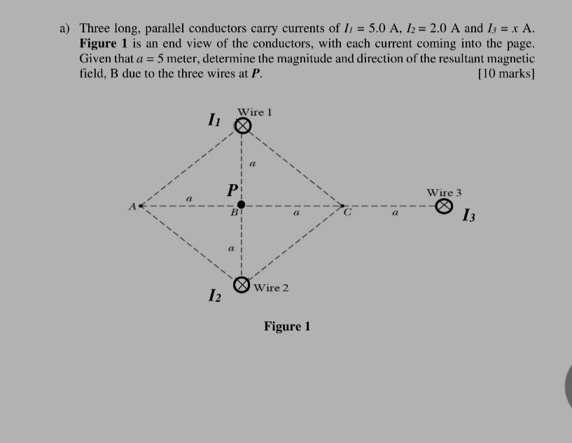 A Three Long Parallel Conductors Carry Currents Of I1 5 0 A I2 2 0 A And I3 X A Figure 1 Is An End View Of The 1