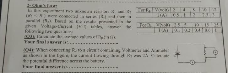 2 Ohm S Law For R V Volt 1 A In This Experiment Two Unknown Resistors R And R R R Were Connected In Series R 1