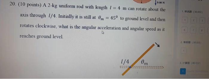 9 00 N 20 10 Points A 2 Kg Uniform Rod With Length 1 4 M Can Rotate About The Axis Through 1 4 Initially It Is Sti 1