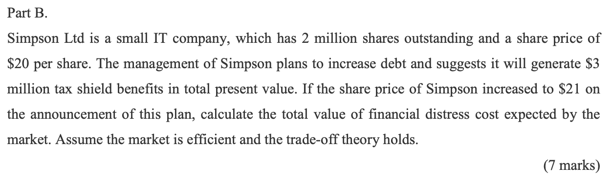 Part B Simpson Ltd Is A Small It Company Which Has 2 Million Shares Outstanding And A Share Price Of 20 Per Share Th 1