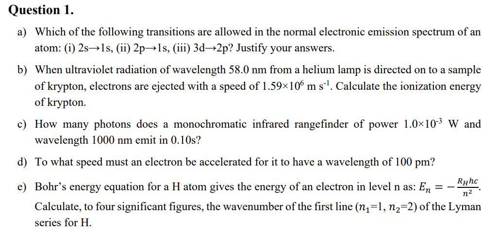 Question 1 A Which Of The Following Transitions Are Allowed In The Normal Electronic Emission Spectrum Of An Atom I 1