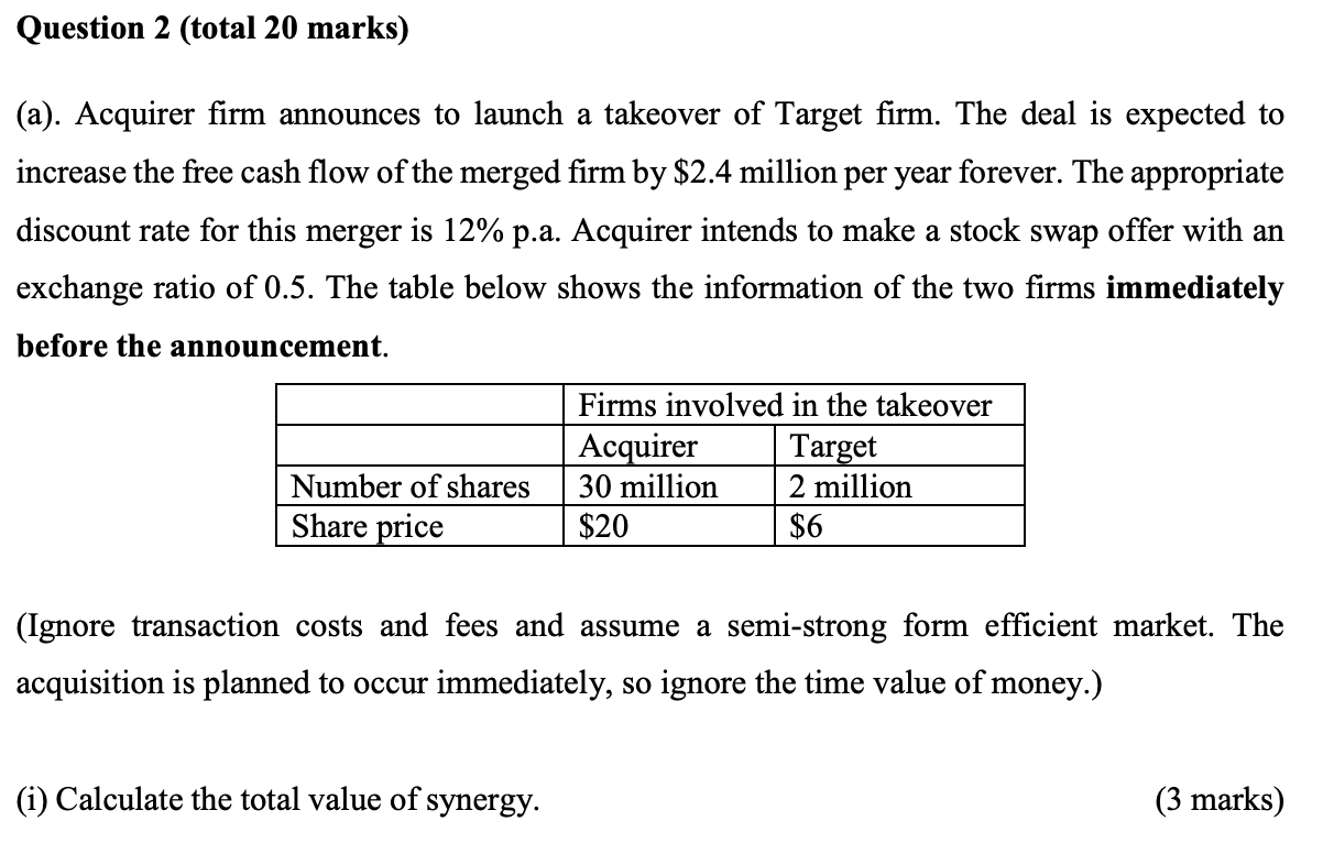 Question 2 Total 20 Marks A Acquirer Firm Announces To Launch A Takeover Of Target Firm The Deal Is Expected To In 1