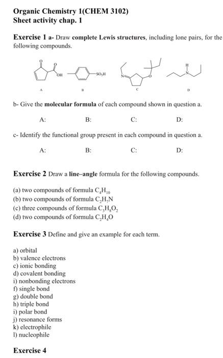 Organic Chemistry 1 Chem 3102 Sheet Activity Chap 1 Exercise 1 A Draw Complete Lewis Structures Including Lone Pairs 1