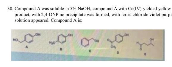 30 Compound A Was Soluble In 5 Naoh Compound A With Ce Iv Yielded Yellow Product With 2 4 Dnp No Precipitate Was Fo 1