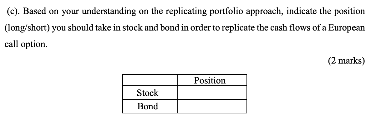 C Based On Your Understanding On The Replicating Portfolio Approach Indicate The Position Long Short You Should Ta 1