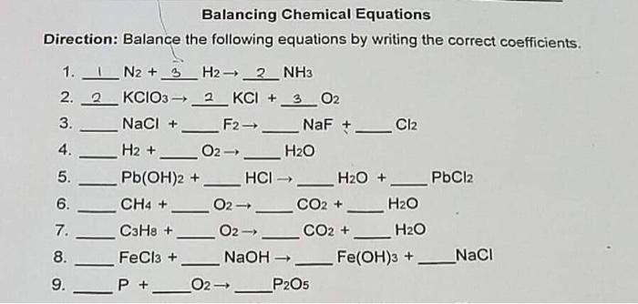 Balancing Chemical Equations Direction Balance The Following Equations By Writing The Correct Coefficients 1 N2 3h2 1