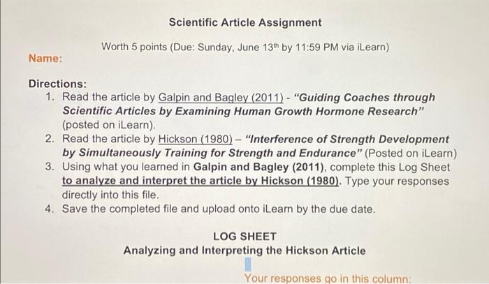 Scientific Article Assignment Worth 5 Points Due Sunday June 13th By 11 59 Pm Via Ilearn Name Directions 1 Read T 1
