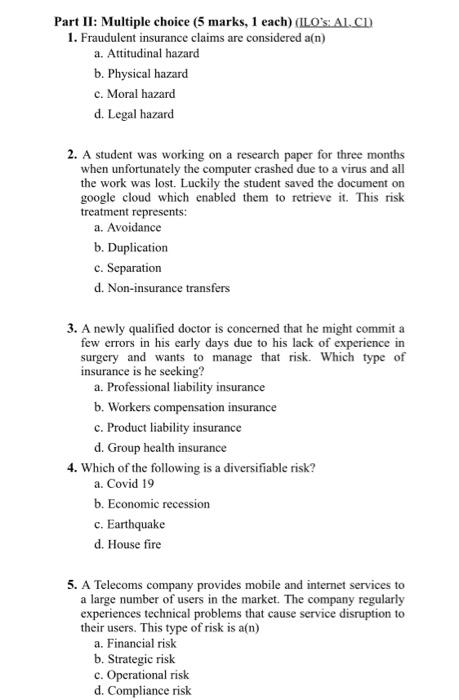 Part Ii Multiple Choice 5 Marks 1 Each Ilo S Al Ch 1 Fraudulent Insurance Claims Are Considered A N A Attitudina 1