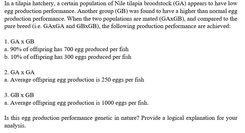 In A Tilapia Hatchery A Certain Population Of Nile Tilapia Broodstock Ga Appears To Have Low Egg Production Performan 1