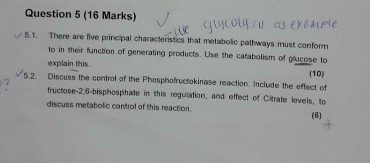Question 5 16 Marks Glycolysu As Exemple 5 1 There Are Five Principal Characteristics That Metabolic Pathways Must 1