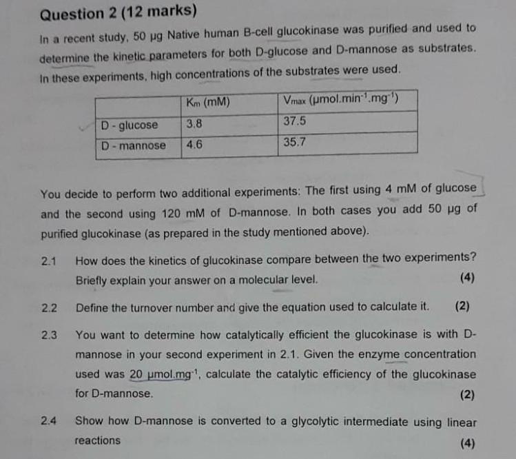 Question 2 12 Marks In A Recent Study 50 Ug Native Human B Cell Glucokinase Was Purified And Used To Determine The Ki 1