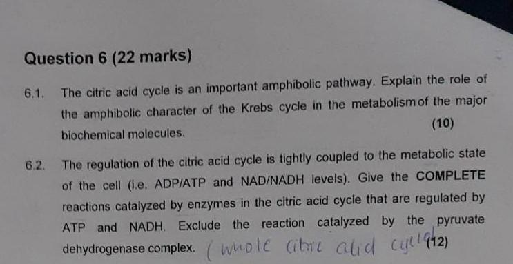Question 6 22 Marks The Citric Acid Cycle Is An Important Amphibolic Pathway Explain The Role Of The Amphibolic Chara 1