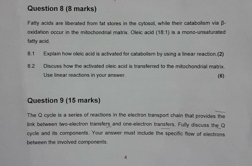 Question 8 8 Marks Fatty Acids Are Liberated From Fat Stores In The Cytosol While Their Catabolism Via Ss Oxidation O 1