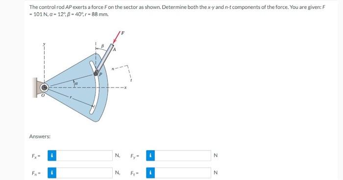 The Control Rod Ap Exerts A Force F On The Sector As Shown Determine Both The X Y And N T Components Of The Force You 1