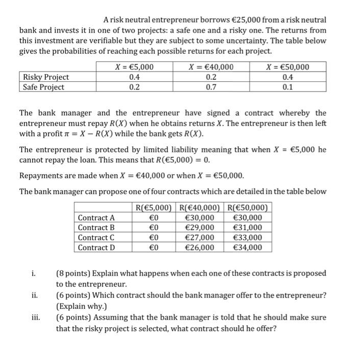A Risk Neutral Entrepreneur Borrows 25 000 From A Risk Neutral Bank And Invests It In One Of Two Projects A Safe One A 1