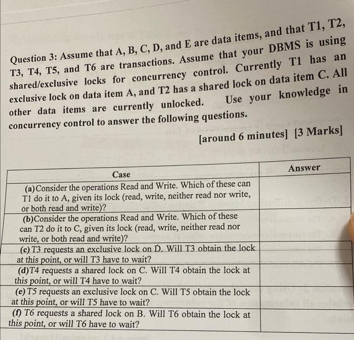 Question 3 Assume That A B C D And E Are Data Items And That T1 T2 T3 T4 T5 And T6 Are Transactions Assume T 1