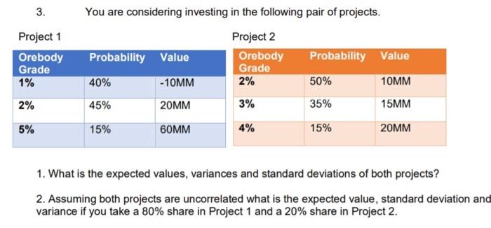 3 Project 1 Orebody Grade 1 You Are Considering Investing In The Following Pair Of Projects Project 2 Probability Val 1