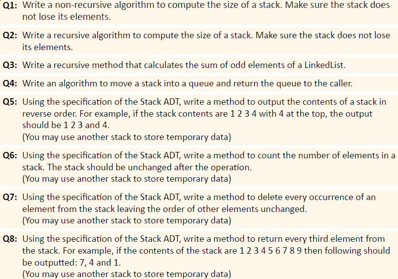 Q1 Write A Non Recursive Algorithm To Compute The Size Of A Stack Make Sure The Stack Does Not Lose Its Elements Q2 1