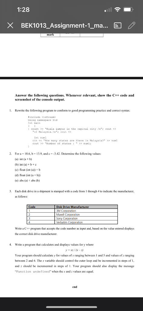 1 28 X Bek1013 Assignment 1 Ma Mark Answer The Following Questions Whenever Relevant Show The C Code And Screensh 1
