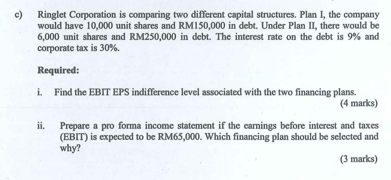 C Ringlet Corporation Is Comparing Two Different Capital Structures Plan I The Company Would Have 10 000 Unit Shares 1
