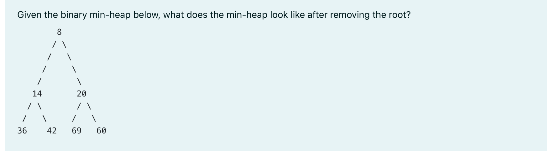 Given The Binary Min Heap Below What Does The Min Heap Look Like After Removing The Root 8 36 1 14 1 1 20 42 6 1