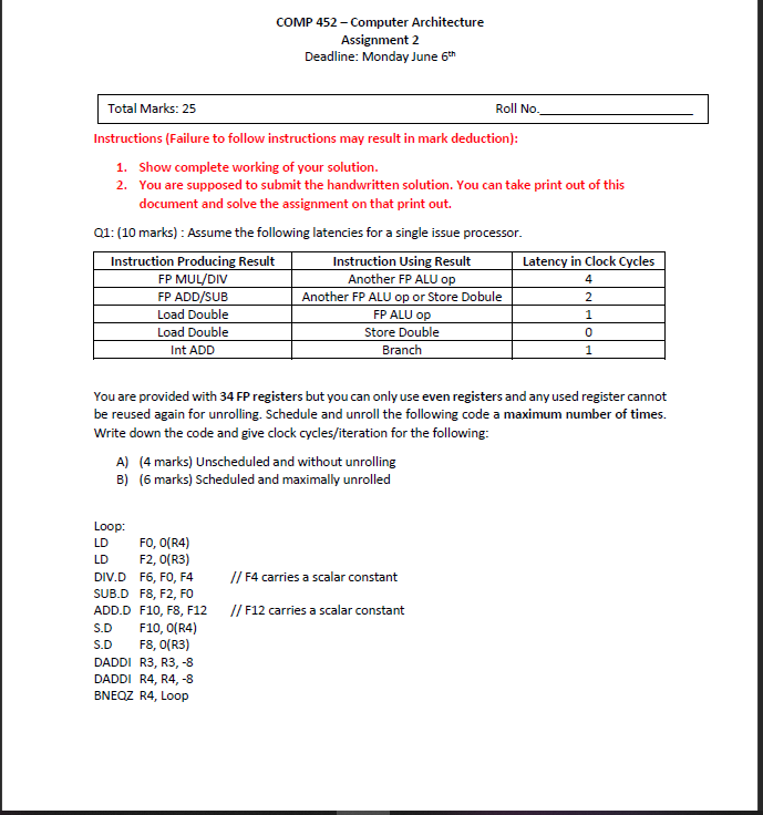 Comp 452 Computer Architecture Assignment 2 Deadline Monday June 6th Total Marks 25 Roll No Instructions Failure T 1