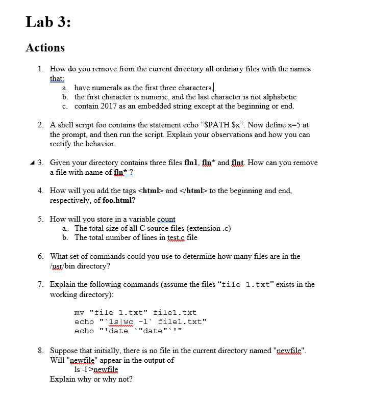 Lab 3 Actions 1 How Do You Remove From The Current Directory All Ordinary Files With The Names That A Have Numerals 1