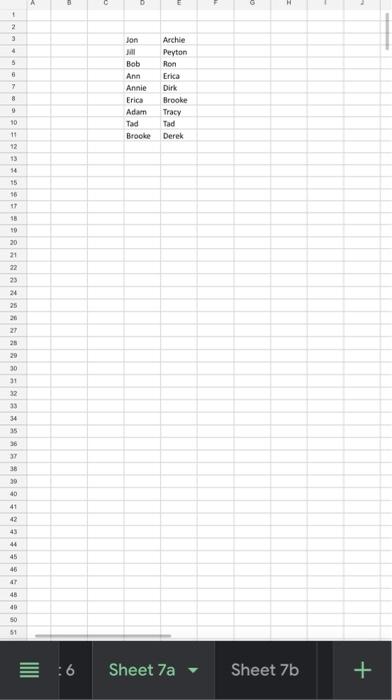 Use The Data In Sheets 7a And 7b To Answer The Following Questions A Sheet 7a Worksheet Contains Two Lists Of Names U 1