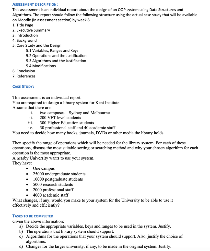 Assessment Description This Assessment Is An Individual Report About The Design Of An Oop System Using Data Structures 1