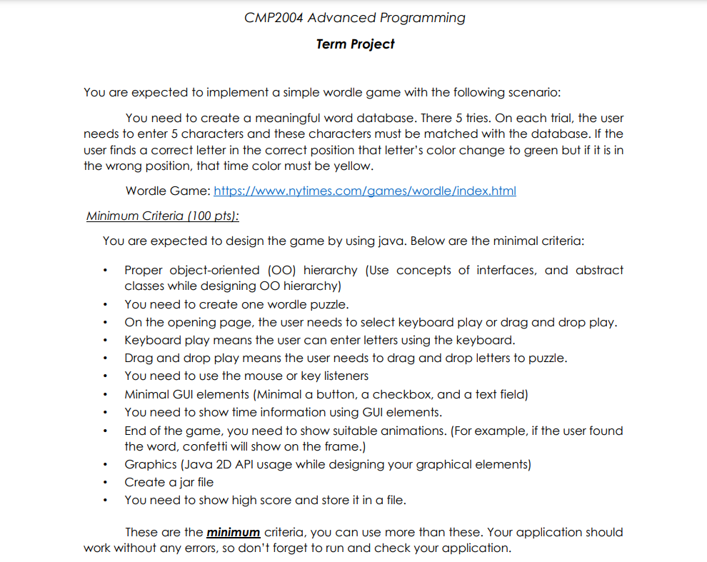 Cmp2004 Advanced Programming Term Project You Are Expected To Implement A Simple Wordle Game With The Following Scenario 1