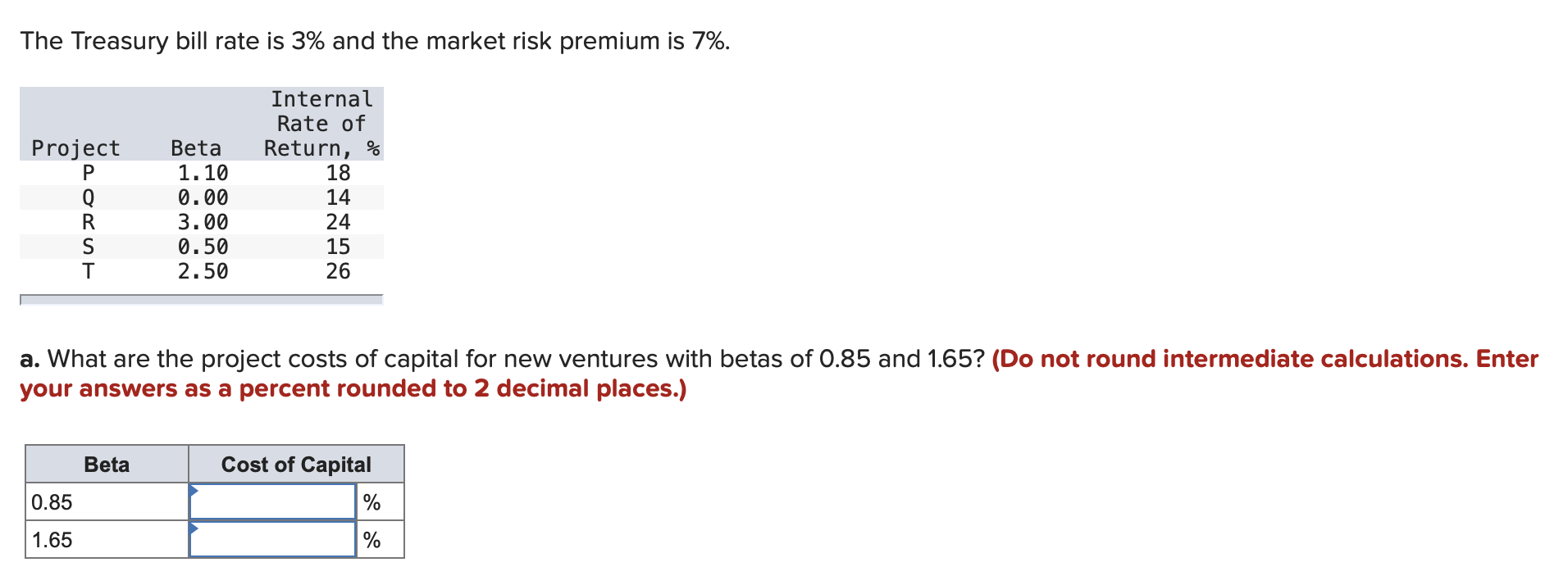 The Treasury Bill Rate Is 3 And The Market Risk Premium Is 7 Project P Q R S T Internal Rate Of Return 18 14 24 15 1