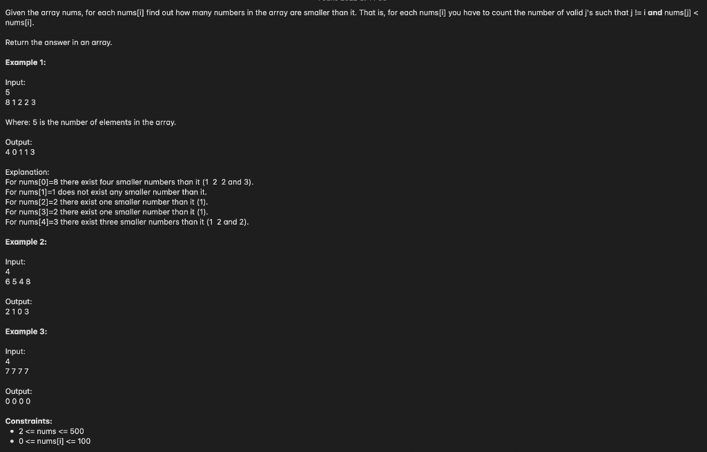 Given The Array Nums For Each Nums I Find Out How Many Numbers In The Array Are Smaller Than It That Is For Each Num 1