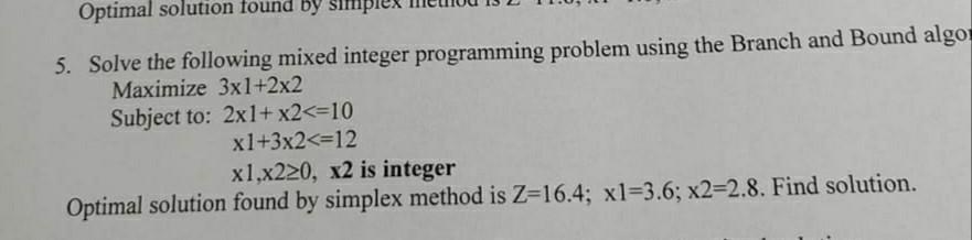 Optimal Solution Found By 5 Solve The Following Mixed Integer Programming Problem Using The Branch And Bound Algor Maxi 1